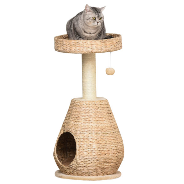 PawHut Kratzbaum aus Rohrkolben, 82,5H cm, mit Katzenhöhle, Ballspielzeug, Katzenbaum für kleine Katzen, Sisal, Gelb Aosom