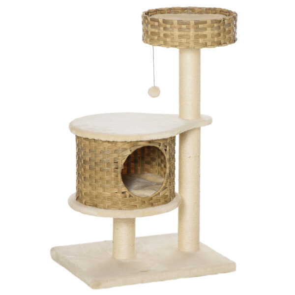 PawHut Kratzbaum katze aus Rattan mit Katzenhöhle, 3 Etagen, Ballspielzeug, Sisal & weichem Plüsch, 95 cm, Natur+Beige Aosom