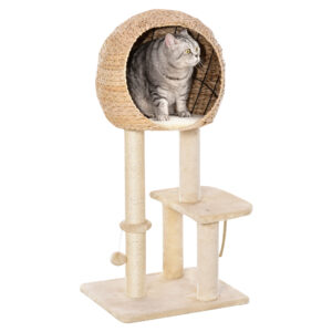 PawHut Kratzbaum katze mit Katzenhöhle, Katzennest aus Rattan, Ballspielzeug, Sisal, weiche Plüsch, Höhe 100 cm, Beige Aosom