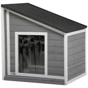 PawHut Hundehütte wetterfestes Hundehaus aus Tannenholz mit Asphaltdach & Türvorhang Grau 71x58x53/77cm für kleine Hunde Aosom.de