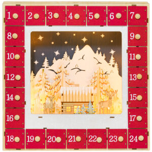 HOMCOM Adventskalender zum Befüllen 24 Schubladen Fächer Weihnachtskalender mit LED-Lichtern Adventskalenderbox Weihnachtsdekoration DIY MDF 34 x 7 x 34 cm Rot Aosom