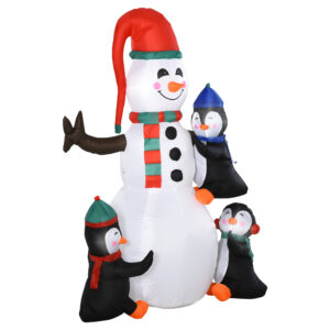 HOMCOM Aufblasbarer Schneemann Weihnachten mit 3 Pinguinen, LED Beleuchtung, Polyester, 140 x 70 x 180 cm für festliche Dekoration Aosom.de