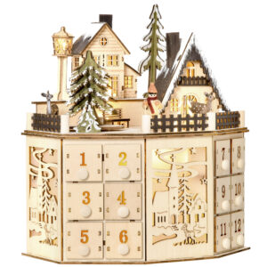 HOMCOM Weihnachts-Adventskalender mit 24 Zugkästen, LED-Lichter, Adventskalenderbox aus Sperrholz, 25 x 20 x 29 cm für festliche Dekoration Aosom.de