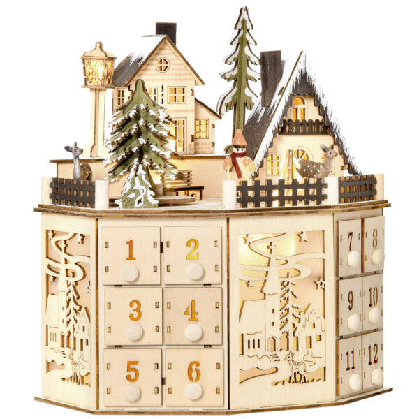 HOMCOM Weihnachts-Adventskalender mit 24 Zugkästen, LED-Lichter, Adventskalenderbox aus Sperrholz, 25 x 20 x 29 cm für festliche Dekoration Aosom.de