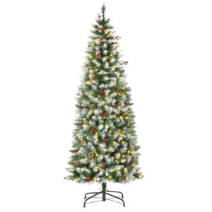 HOMCOM Weihnachtsbaum 1,8 m Christbaum mit 34 roten Beeren & Tannenzapfen, LED-Lichter Kunsttanne 618 Zweige PVC Stahl Grün-Weiß Ø65 x 180 cm Aosom.de