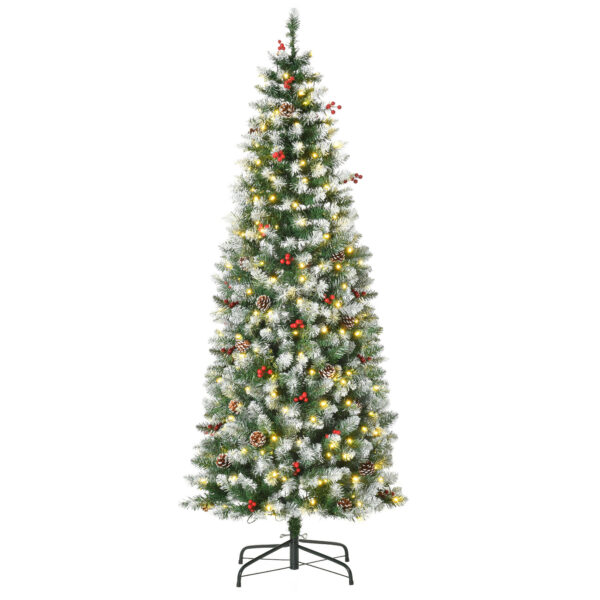 HOMCOM Weihnachtsbaum 1,8 m Christbaum mit 34 roten Beeren & Tannenzapfen, LED-Lichter Kunsttanne 618 Zweige PVC Stahl Grün-Weiß Ø65 x 180 cm Aosom.de