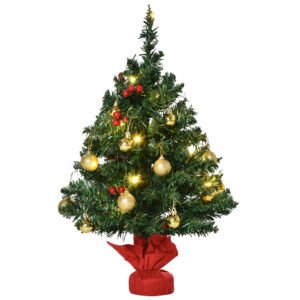 HOMCOM Weihnachtsbaum klein, Mini Christbaum mit Stechpalmenbeeren, Kugeln & LED-Lichtern, Tischdeko grün PVC ∅40 x 60 cm Aosom.de