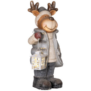 HOMCOM Weihnachtsdeko Figur, Rentier mit Laterne, 52 cm Weihnachtsfigur mit LED-Licht, Dekofigur zu Weihnachten, für In- und Outdoor, Metall Aosom