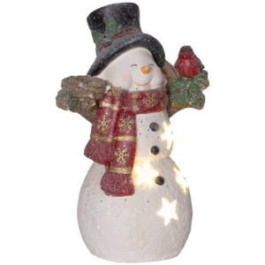 HOMCOM Weihnachtsdeko Figur, Schneemann mit Schals, Hüte und Vögel, 38 cm Weihnachtsfigur mit LED-Licht, Dekofigur zu Weihnachten, für In- und Outdoor Aosom