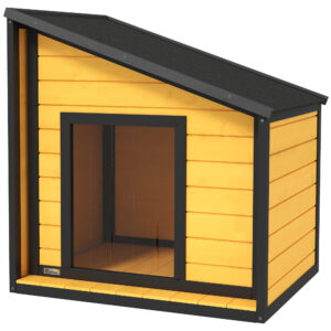 PawHut Hundehütte aus Holz, Hundehaus mit zu öffnendem Asphaltdach und Türvorhang, Outdoor Hundehaus, Kleintierhaus für kleine Hunde, draußen, Wetterbeständig, Gelb, 71 x 58 x 53/77 cm Aosom