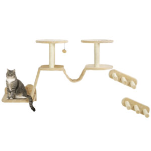 PawHut Katzen Kletterwand Set, 3-teilig Katzenmöbel mit Kratzbaum, Sitzstangen, Leiter, Stufen, Kratzbrett, für Katzen bis 5 kg, Sisal, Beige Aosom