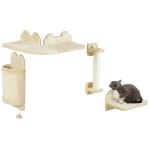 PawHut Katzen Kletterwand Set, 4-teilig Katzenmöbel mit Sitzplattform, Eckplattform, Spielball und Bogen-Kratzbrett, für Katzen bis 5 kg, Plüsch, Beige Aosom