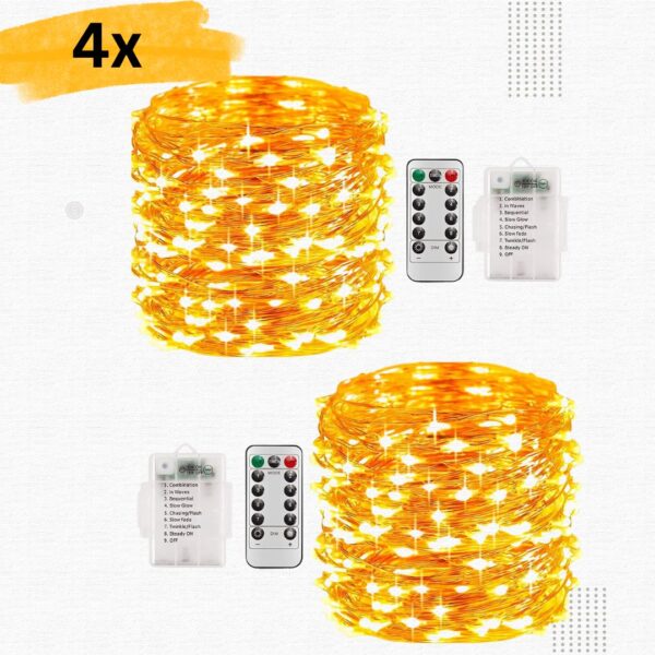 4x 2er Set LEDYA Lichterkette Außen Batterie, 2er 10M 100 Micro LED Lichterkette Kupferdraht mit Fernbedienung, Wasserdichte IP68 mit 8 Modi und Timer für Balkon Weihnachten Innen Aussen Dekoration, Warmweiß