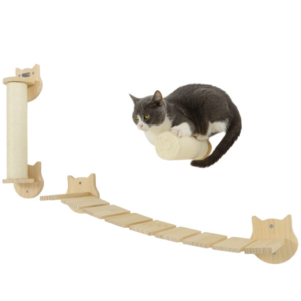 PawHut Katzen Kletterwand Set, 3-teilig Katzenmöbel mit Kratzbaum, Trittplatte, Leiter, Wandkratzbaum für Katzen bis 5 kg, aus Kiefernholz, Naturholz Aosom