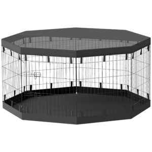 PawHut Welpenauslauf, Welpenlaufstall mit Türen, Fenster, Laufgitter mit Atmungsaktiv Netz, für kleine & mittelgroße Hunde unter 20 kg, Indoor & Outdoor, 159 x 159 x 76 cm, Schwarz Aosom