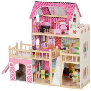 AIYAPLAY Puppenhaus aus Holz, Spielhaus mit 3 Etagen, 13 Möbelstücke, abnehmbare Garage, Rutschen & Balkon, 92,1 cm Hoch Dollhouse für 3-6 Jahre Kinder, Rosa Aosom