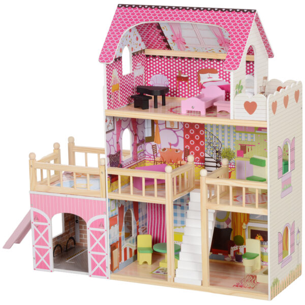 AIYAPLAY Puppenhaus aus Holz, Spielhaus mit 3 Etagen, 13 Möbelstücke, abnehmbare Garage, Rutschen & Balkon, 92,1 cm Hoch Dollhouse für 3-6 Jahre Kinder, Rosa Aosom