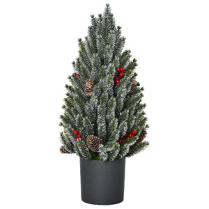 HOMCOM Künstlicher Weihnachtsbaum Tisch-Christbaum 170 Äste schneebedecktes Design mit Kunststoffsockel Beeren Tannenzapfen PE PVC ⌀27 x 47 cm Aosom