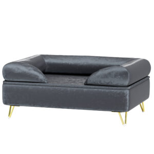 PawHut Hundebett Sofa für kleine & mittelgroße Hunde 76x53,5x34cm, 10 kg Belastbarkeit, eingeklappte Rückenlehne, Metallfüße, grau Samt Aosom.de