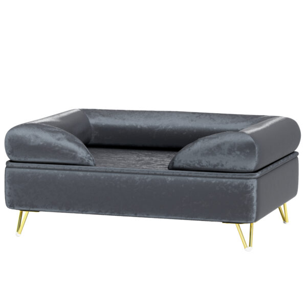 PawHut Hundebett Sofa für kleine & mittelgroße Hunde 76x53,5x34cm, 10 kg Belastbarkeit, eingeklappte Rückenlehne, Metallfüße, grau Samt Aosom.de