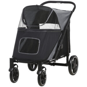 PawHut Hundebuggy Hundewagen Faltbarer bis 30 kg, mit Netzfenster, Sicherheitsleinen, Kissen, für große und mittelgroße Hunde, Oxford, Grau Aosom