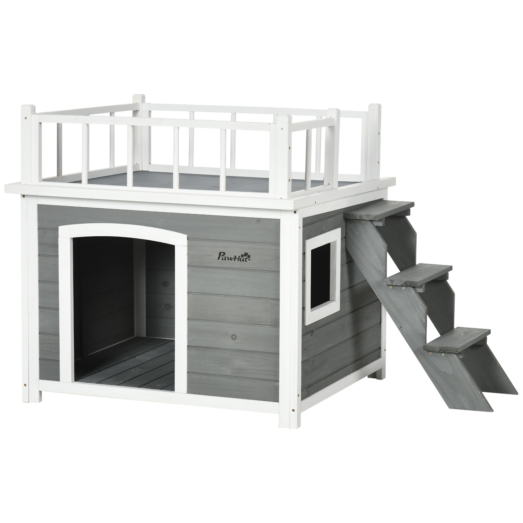 PawHut Hundehütte Hundehaus mit Balkon und Treppe, erhöhtes Kleintierhaus mit Fenster für mittelgroße & große Hunde aus Tannenholz Aosom.de