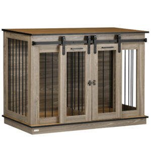 PawHut Hundekäfig Wohnung, 120L x 60B x 88,5 H cm, mit 2 Türen, Haustierkäfig, Hundehütte für Mittelegroße Hunde, Hundebox, Hundehaus, Eiche Aosom
