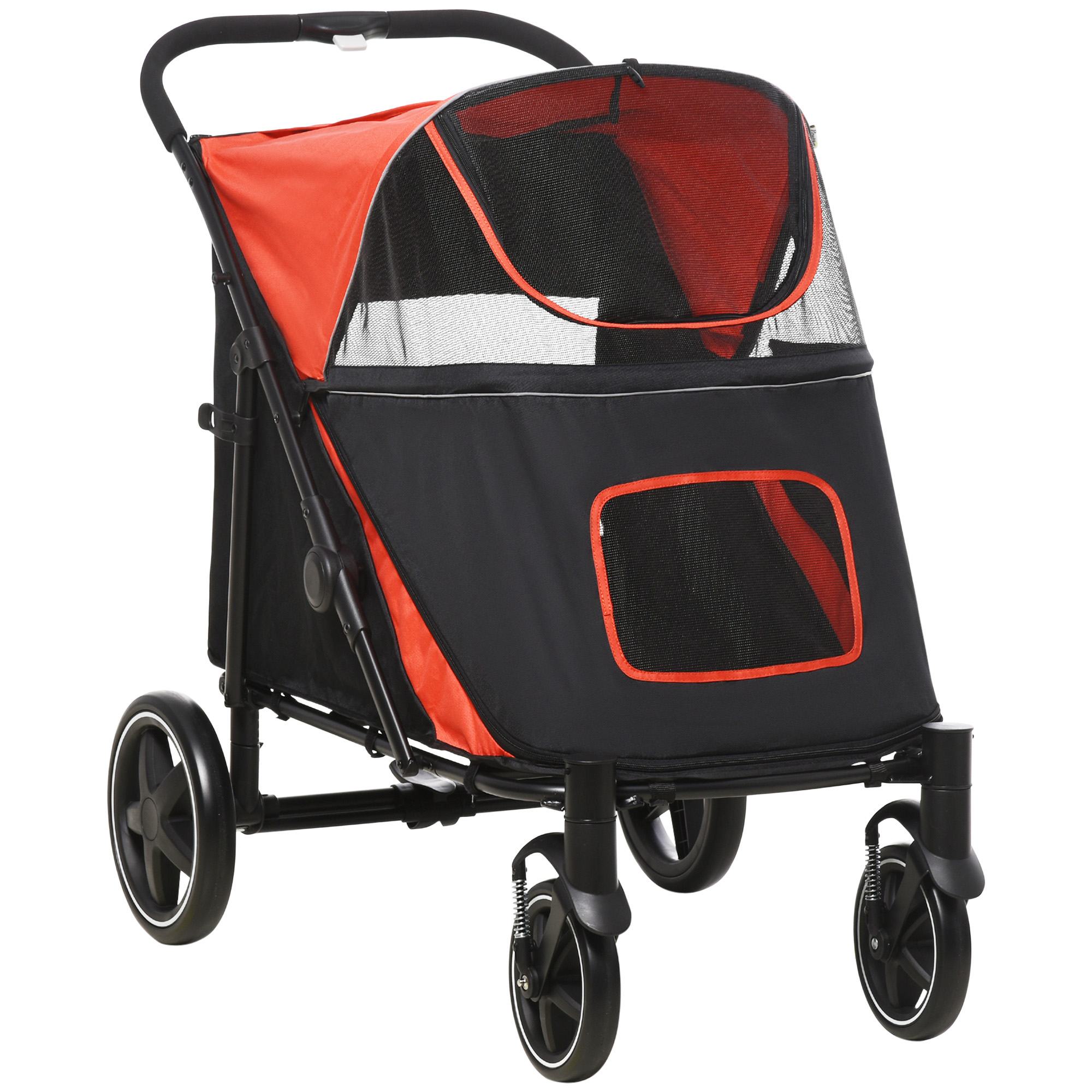 PawHut Hundewagen Hundebuggy faltbar mit Kissen für große mittelgroße Hunde Katzenbuggy mit Netzfenster Sicherheitsleinen Rot Aosom.de
