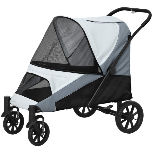 PawHut Hundewagen Hundebuggy klappbar für große Hunde & Katzen bis 30 kg Katzenbuggy mit Kissen Netzfenstern Türen Aufbewahrungstasche Katzenwagen mit Sicherheitsleinen, Bremsen, Buggy Grau Aosom