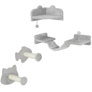 PawHut Katzen Kletterwand Set, 4-teilig Katzenmöbel mit Stufen, Leiter, Sprungtürmen, Kratzbäumen, Spielball, Sisal, für Katzen bis 5 kg, Hellgrau Aosom
