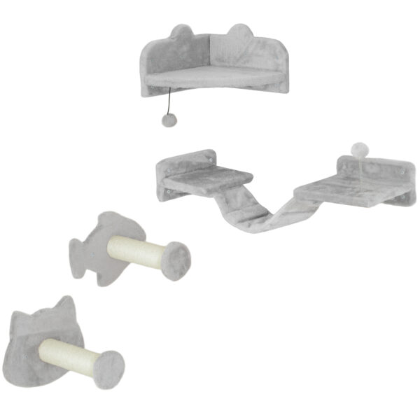 PawHut Katzen Kletterwand Set, 4-teilig Katzenmöbel mit Stufen, Leiter, Sprungtürmen, Kratzbäumen, Spielball, Sisal, für Katzen bis 5 kg, Hellgrau Aosom