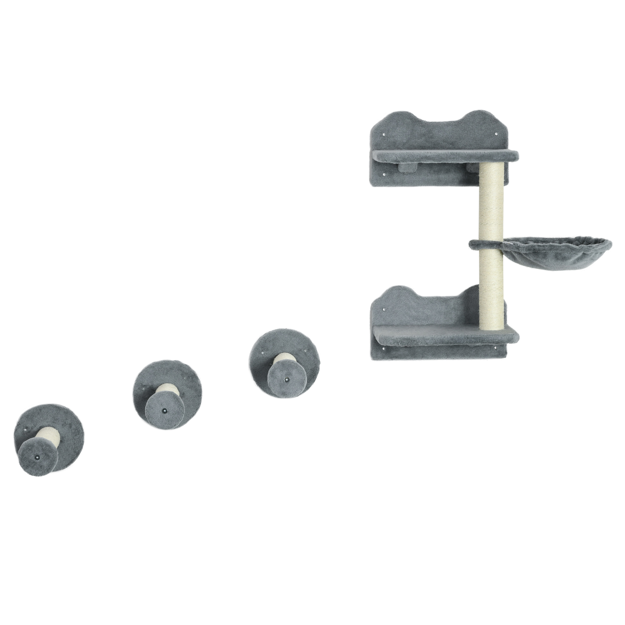 PawHut Katzen kletterwand set, Kletterwand, Katzentreppe, 4-tlg. Set, mit Kratzbaum, Hängematte, grau+cremeweiß, 40 x 28 x 73cm5 Aosom