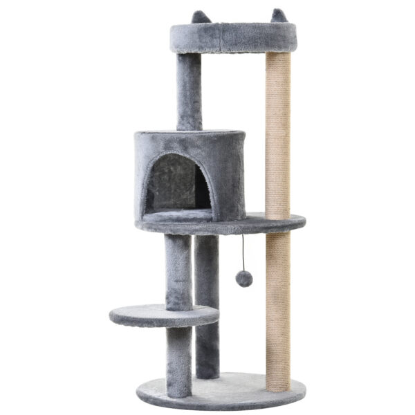 PawHut Katzenbaum 4-Etagen Katzenhöhle mit Spielbällen und Sitzstange Sisalsäule Kratzbrett Plüsch Grau 48x48x104cm für Katzen Aosom.de