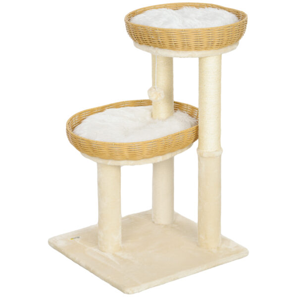PawHut Katzenbaum, Kletterbaum, Höhe 75,5 cm, mit zwei Liegekörben aus Rattan für Katzen, Kratzbretter, waschbare Kissen, Spielball, Beige Aosom