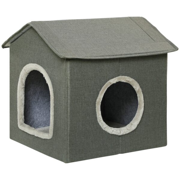 PawHut Katzenhöhle Hausform mit waschbarem Kissen, gemütliche Kuschelhöhle für Katzen mit zwei Türen, 39 x 43,5 x 40,5 cm, grau Aosom.de