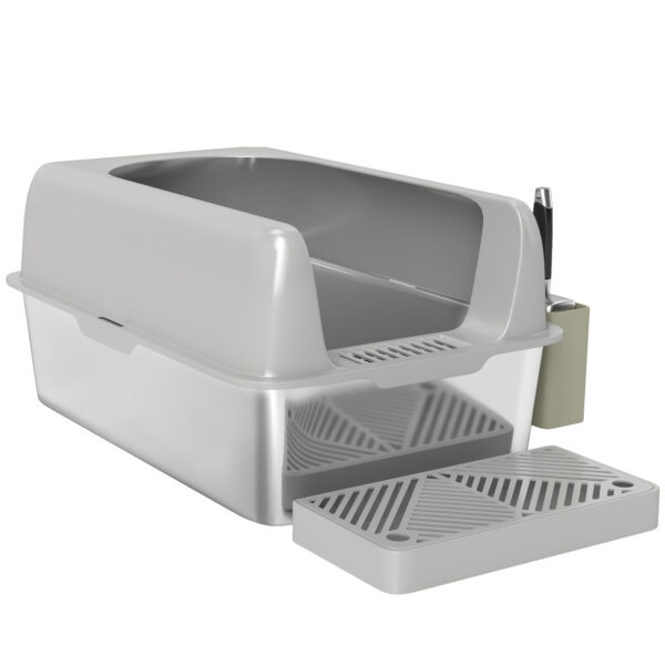 PawHut Katzentoilette mit Deckel, Katzenklo mit Schaufel, Wanne aus Edelstahl Katze Toilettenhaus mit Aufbewahrungsbox für Katze unter 4,5 kg, Indoor, Hellgrau Aosom