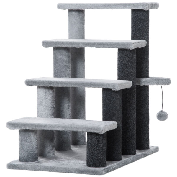 PawHut Katzentreppe 64H cm für alte Katzen, 4 Stufen mit Spielball und Plattform aus Jute und Plüsch in Grau Aosom.de