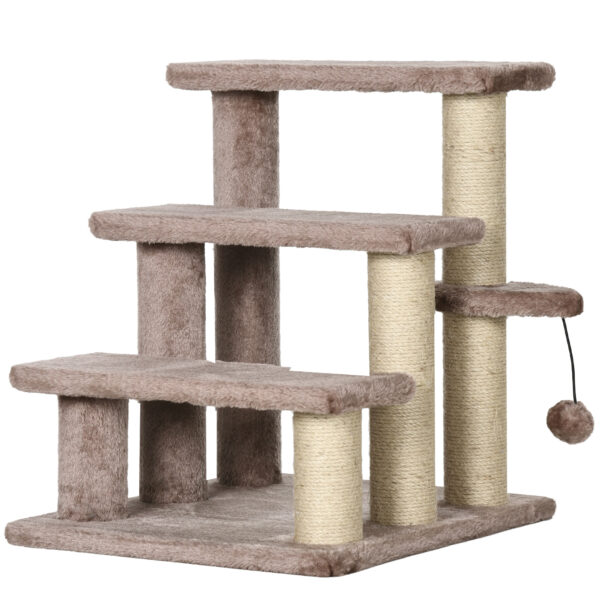 PawHut Katzentreppe Tiertreppe für Katzen und Hunde 3 Stufen mit Kratzsäulen Spielball Plüsch Braun 45x40x48cm für mehr Komfort Aosom.de