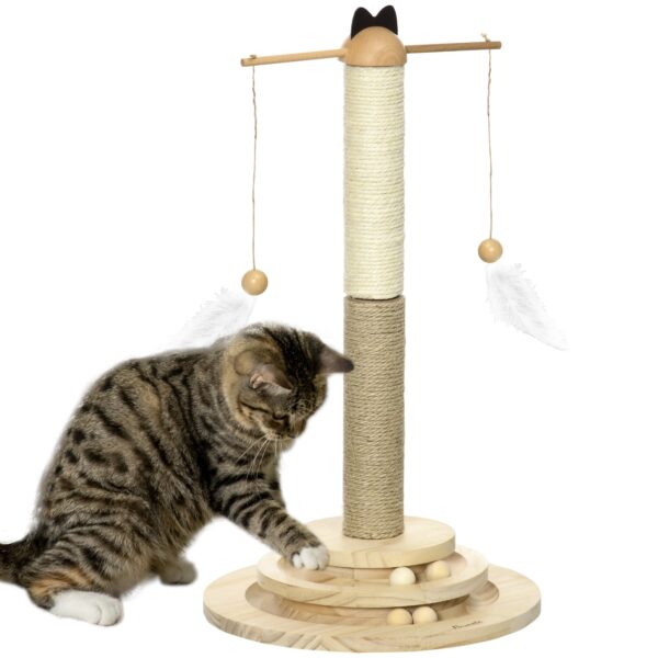 PawHut Katzenturm 56H cm mit 3-stufiger Drehscheibe, Kratzbrett, Ballspielzeug, Kratzbaum aus Naturholz für Katzen Aosom.de
