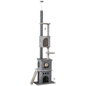 PawHut Kratzbaum Deckenhoch XXL 225-255H cm für kleine Katzen, höhenverstellbar mit Katzenspielzeug und Sisal, hellgrau Aosom.de
