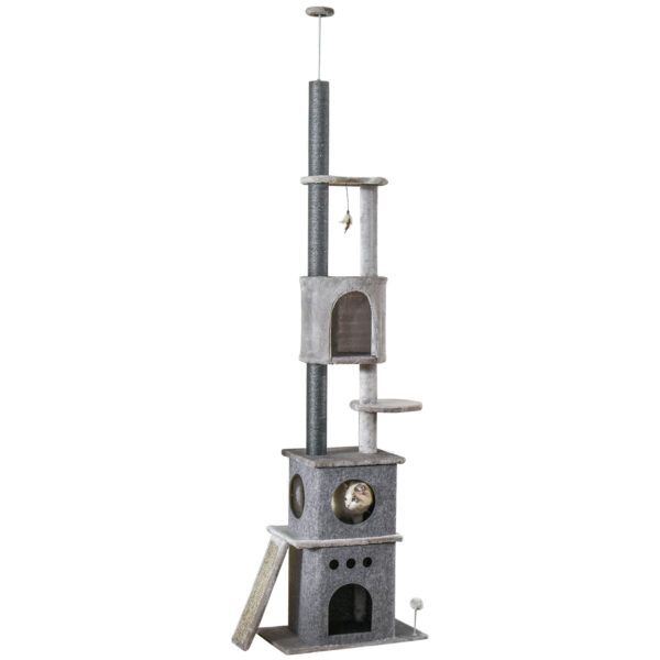 PawHut Kratzbaum Deckenhoch XXL 225-255H cm für kleine Katzen, höhenverstellbar mit Katzenspielzeug und Sisal, hellgrau Aosom.de