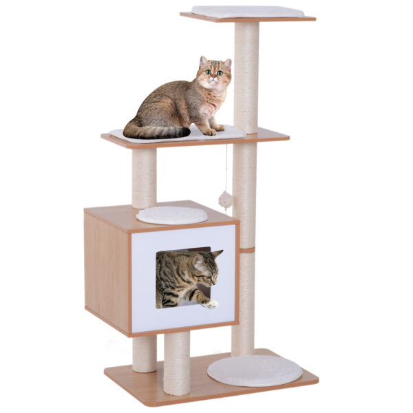 PawHut Kratzbaum Naturholz mit Polster Katzenhöhle Sisalsäule Liegefläche Spielbaum für Katzen 71,5 x 49,5 x 120 cm Aosom.de