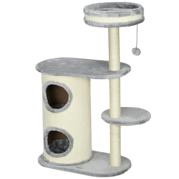 PawHut Kratzbaum für Katzen mit 2 Höhlen, Sisal-Seilpfosten, mehreren Plattformen, weichem Plüsch und Ballspielzeug, Grau 59x35x100 cm Aosom.de