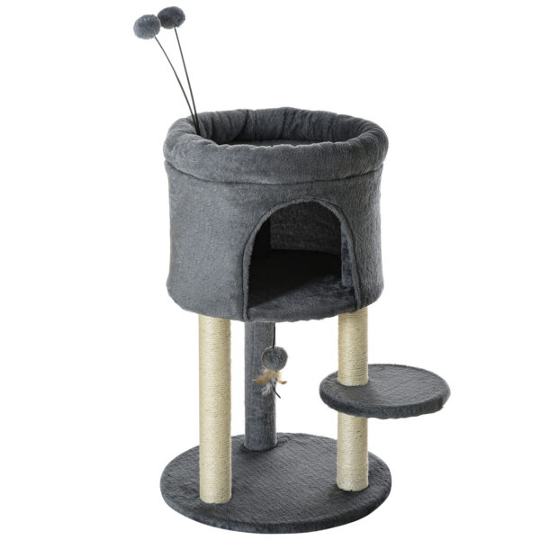 PawHut Kratzbaum groß mit Katzenhöhle und Spielball 3 Stufen Sisalsäule 73,5 cm hoch in Natur und Grau für aktive Katzen Aosom.de
