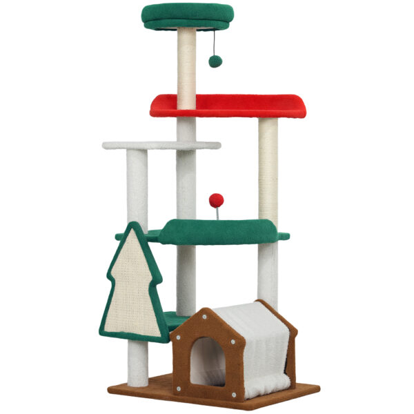 PawHut Kratzbaum in Weihnachtsfarben, 135 cm Katzenbaum mit 6 Ebenen, Katzenkratzbaum mit Katzenhöhle, Spielball, Sisal-Kratzsäulen, für 1-2 Katzen bis 5 kg, Mehrfarbig Aosom