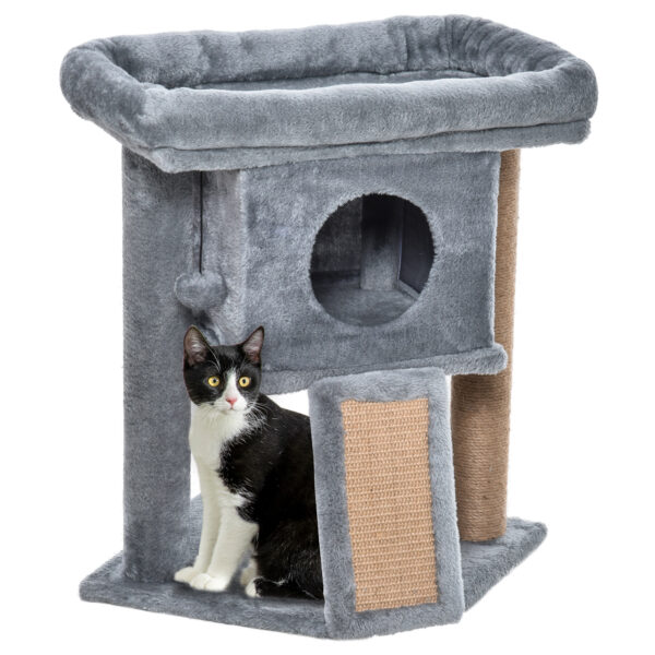 PawHut Kratzbaum mehrstufig 57H cm mit Katzenhöhle Liegeplattform Spielball für kleine Katzen in Hellgrau Aosom.de