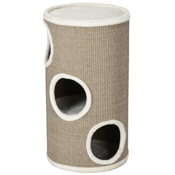 PawHut Kratztonne 70 cm für Katzen, Spieltonne mit 3 Ebenen und Höhlen, Katzenkratzbaum aus Sisal und Plüsch, stabiler Kratzturm Aosom.de