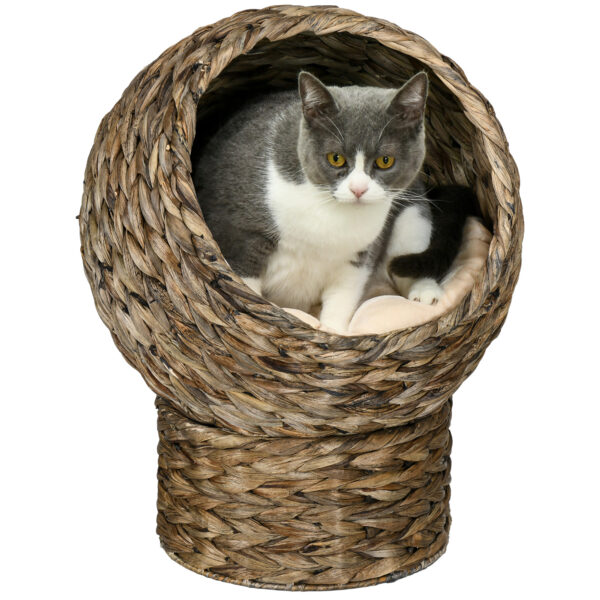 PawHut Rattan Katzenkorb kuschelige Katzenhöhle mit Kissen, Haustierbett aus Wasserhyazinthe dunkelbraun 42x33x52cm für entspannte Katzen Aosom.de
