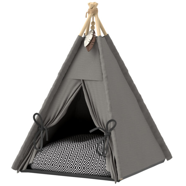 PawHut Tipi Zelt für Haustiere, Katzenzelt mit abnehmbar und waschbar Kissen, Katzenhaus mit rutschfestem Boden, Spielball, für Katzen unter 5kg, Mini Hunde, 60 x 60 x 76 cm, Grau Aosom