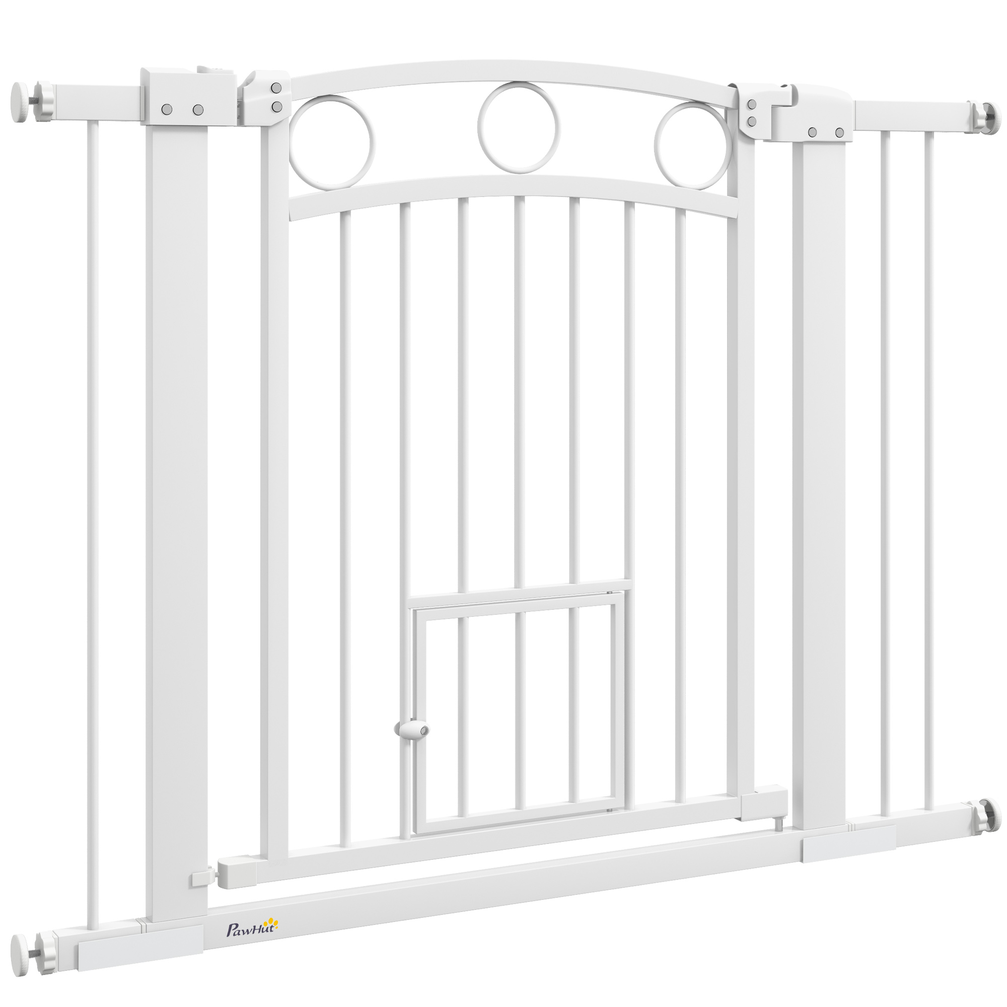 PawHut Türschutzgitter, 76-104 cm Treppengitter, Treppenschutzgitter ohne bohren, Treppenschutz mit Katzentür, schließbar Schutzgitter, für mittelgroße Hunde, Stahl, Weiß Aosom
